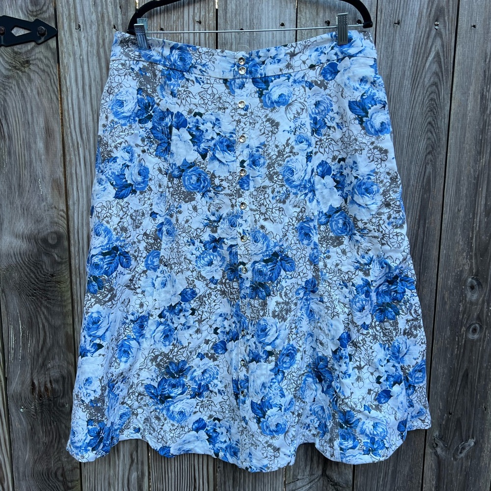 GRACE ELEMENTS A Line Linen Blend Blue Floral Skirt Women’s 16